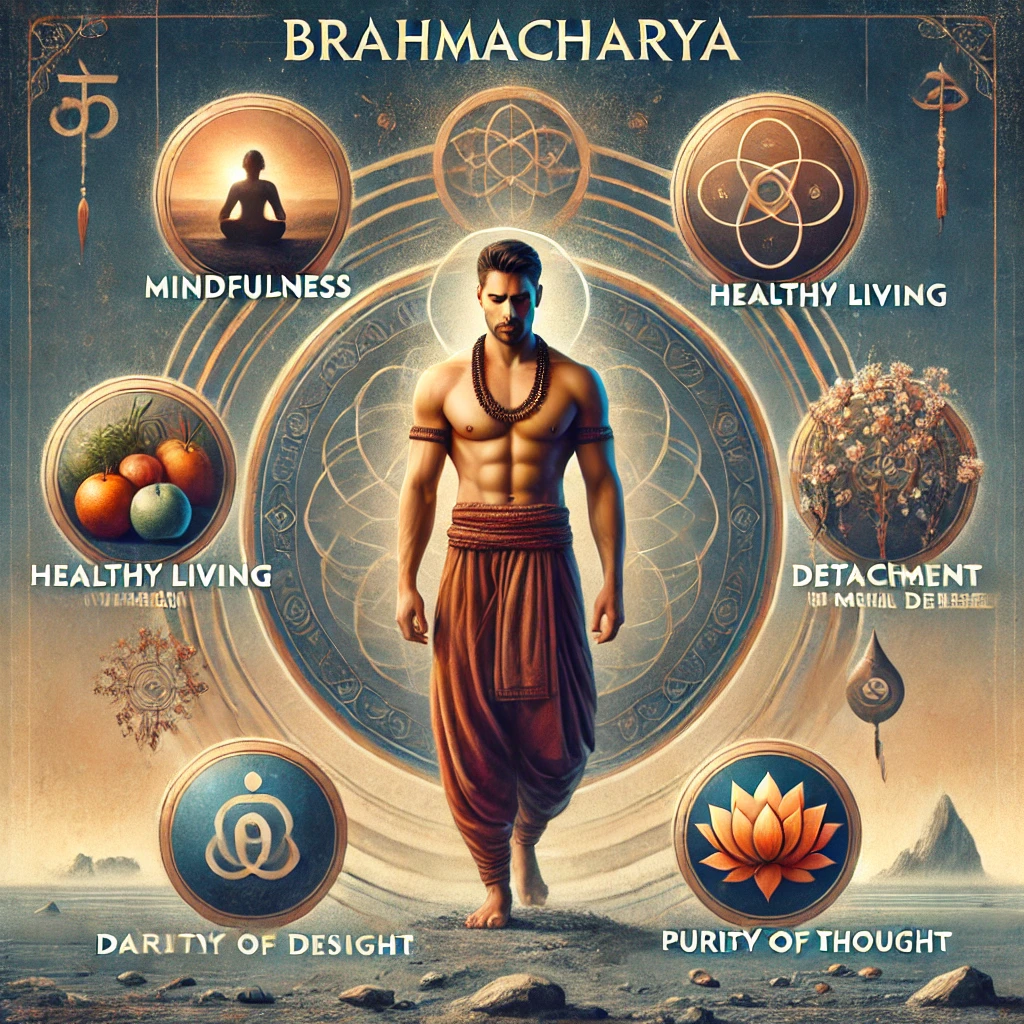 "Warrior figure representing Brahmacharya principles, including purity, discipline, and spiritual focus, with symbols of mindfulness and detachment in a nature-inspired background."