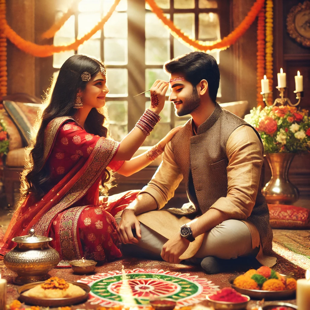 "An Indian woman in traditional attire celebrating Bhai Dooj with her brother. She applies a tilak on her brother’s forehead, surrounded by decorations like rangoli, flowers, and sweets in a warm, festive indoor setting. The siblings look joyful, symbolizing the bond of love and blessings during Bhai Dooj, with soft sunlight adding warmth to the room."