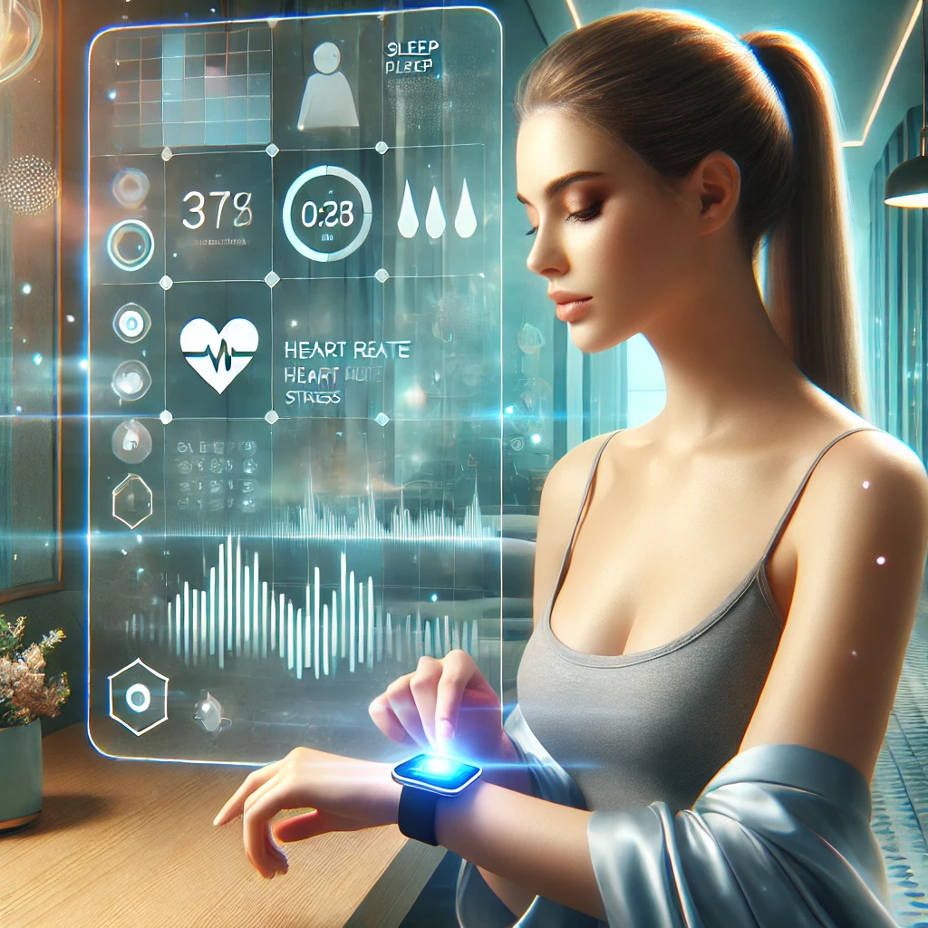 A young woman using smart health technology to monitor sleep patterns, heart rate, and stress levels in a modern, serene setting