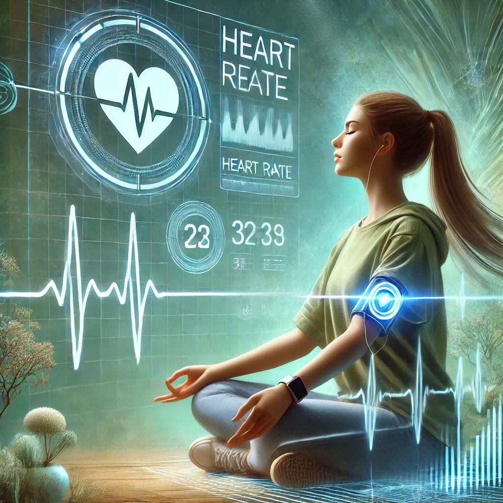 A young woman monitoring her heart rate with a wearable device while practicing mindfulness and stress-reduction techniques in a calm setting.